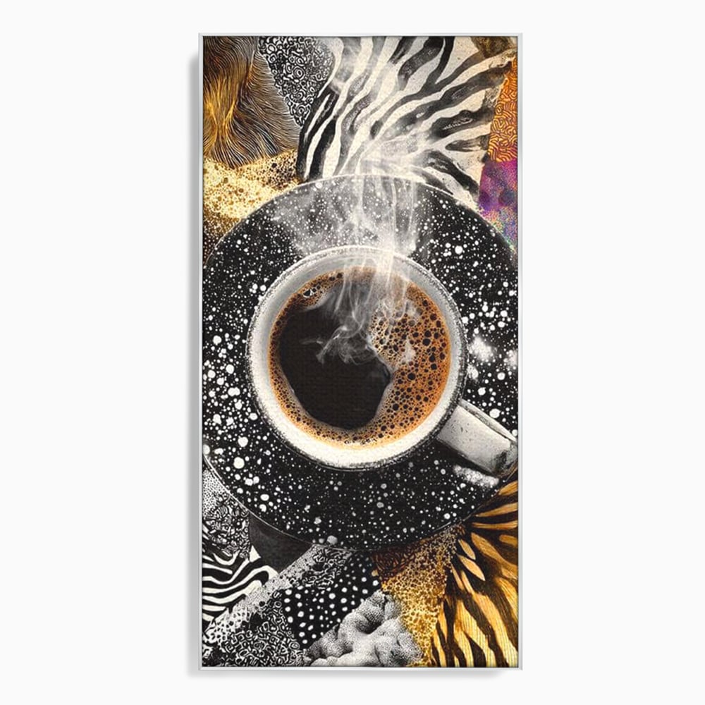 Tablou canvas cu tablou canvas cu ceasca de cafea si imprimeuri animale, in rama de aluminiu argintiu